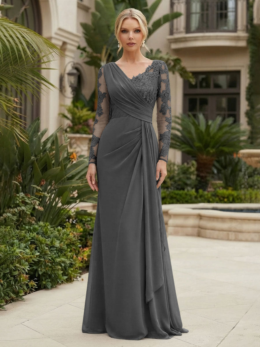 Chiffon Sheath/Column V-Neck Floor-Length Mother of the Bride & Groom Dresses with Lace Embroidery Bodice & Ruched Waist