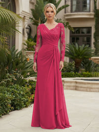Chiffon Sheath/Column V-Neck Floor-Length Mother of the Bride & Groom Dresses with Lace Embroidery Bodice & Ruched Waist
