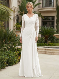 Chiffon Sheath/Column V-Neck Floor-Length Mother of the Bride & Groom Dresses with Lace Embroidery Bodice & Ruched Waist
