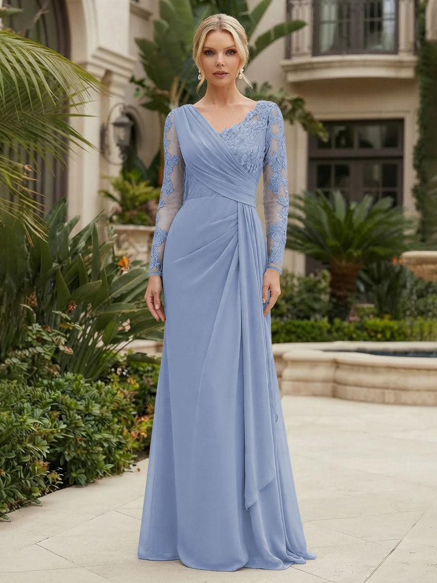 Chiffon Sheath/Column V-Neck Floor-Length Mother of the Bride & Groom Dresses with Lace Embroidery Bodice & Ruched Waist