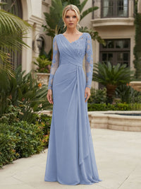 Chiffon Sheath/Column V-Neck Floor-Length Mother of the Bride & Groom Dresses with Lace Embroidery Bodice & Ruched Waist
