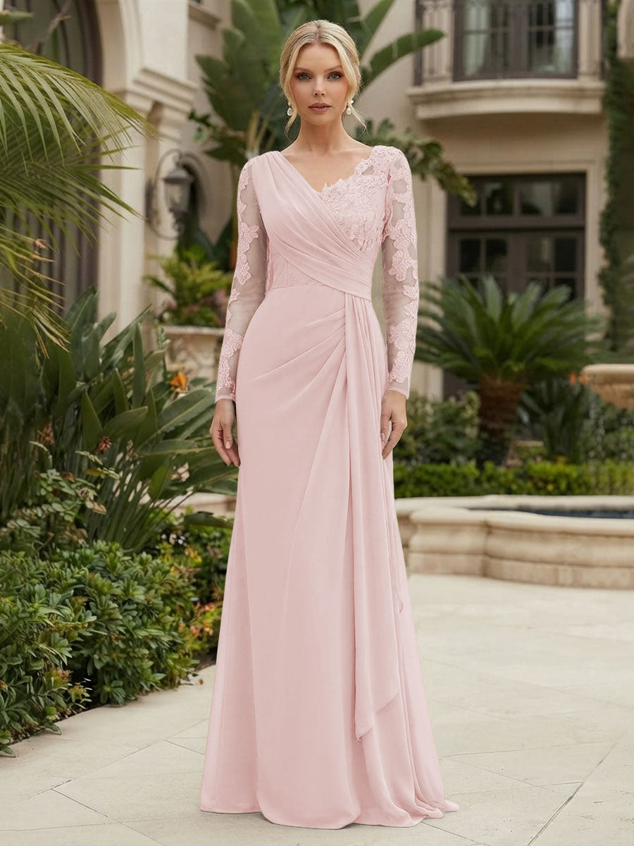 Chiffon Sheath/Column V-Neck Floor-Length Mother of the Bride & Groom Dresses with Lace Embroidery Bodice & Ruched Waist