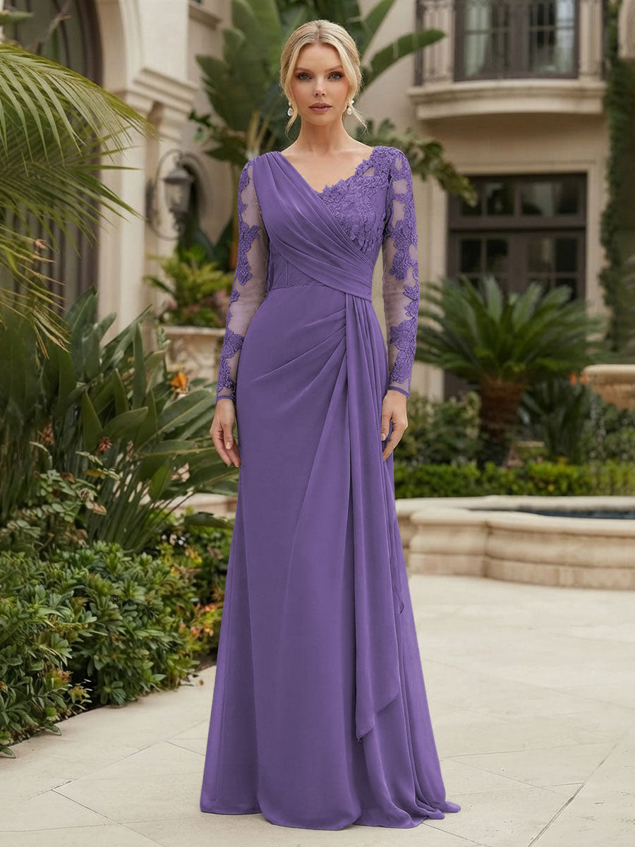 Chiffon Sheath/Column V-Neck Floor-Length Mother of the Bride & Groom Dresses with Lace Embroidery Bodice & Ruched Waist