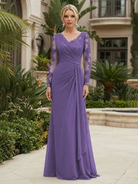 Chiffon Sheath/Column V-Neck Floor-Length Mother of the Bride & Groom Dresses with Lace Embroidery Bodice & Ruched Waist