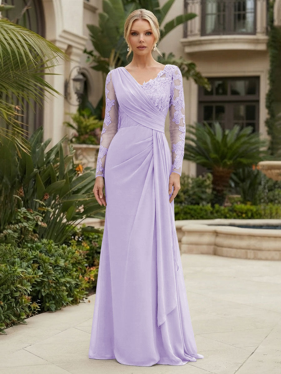 Chiffon Sheath/Column V-Neck Floor-Length Mother of the Bride & Groom Dresses with Lace Embroidery Bodice & Ruched Waist