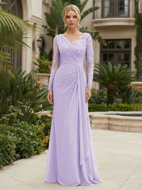 Chiffon Sheath/Column V-Neck Floor-Length Mother of the Bride & Groom Dresses with Lace Embroidery Bodice & Ruched Waist