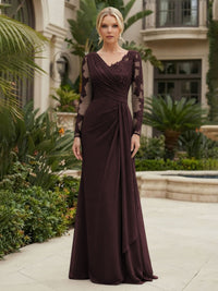 Chiffon Sheath/Column V-Neck Floor-Length Mother of the Bride & Groom Dresses with Lace Embroidery Bodice & Ruched Waist