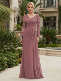 Chiffon Sheath/Column V-Neck Floor-Length Mother of the Bride & Groom Dresses with Lace Embroidery Bodice & Ruched Waist