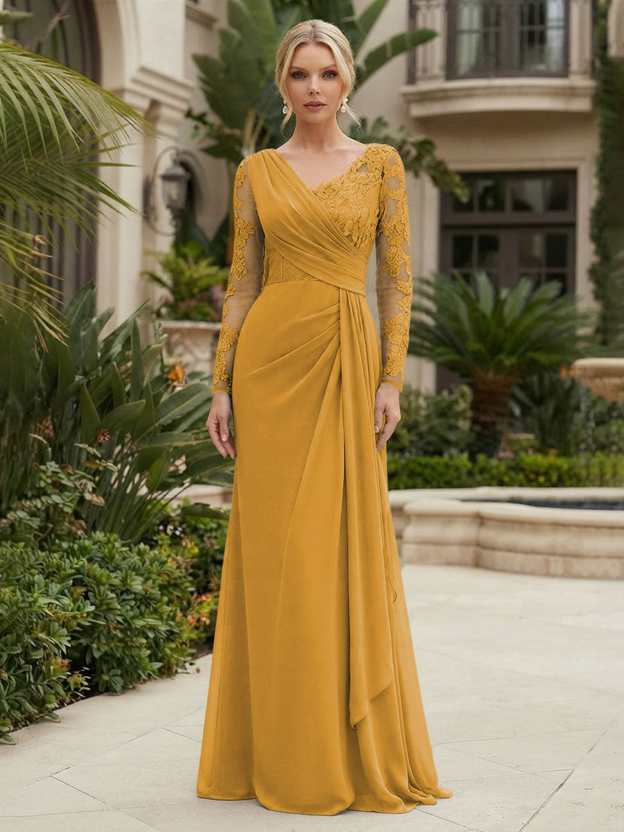 Chiffon Sheath/Column V-Neck Floor-Length Mother of the Bride & Groom Dresses with Lace Embroidery Bodice & Ruched Waist