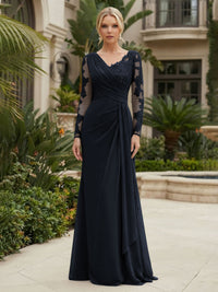 Chiffon Sheath/Column V-Neck Floor-Length Mother of the Bride & Groom Dresses with Lace Embroidery Bodice & Ruched Waist