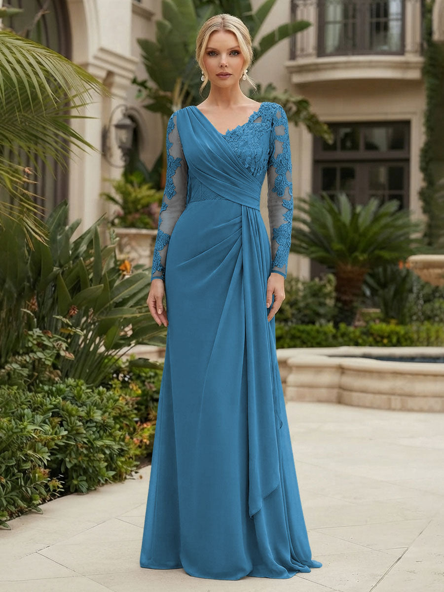 Chiffon Sheath/Column V-Neck Floor-Length Mother of the Bride & Groom Dresses with Lace Embroidery Bodice & Ruched Waist