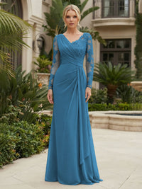 Chiffon Sheath/Column V-Neck Floor-Length Mother of the Bride & Groom Dresses with Lace Embroidery Bodice & Ruched Waist