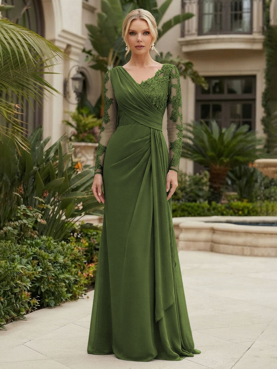 Chiffon Sheath/Column V-Neck Floor-Length Mother of the Bride & Groom Dresses with Lace Embroidery Bodice & Ruched Waist
