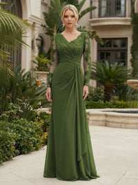 Chiffon Sheath/Column V-Neck Floor-Length Mother of the Bride & Groom Dresses with Lace Embroidery Bodice & Ruched Waist