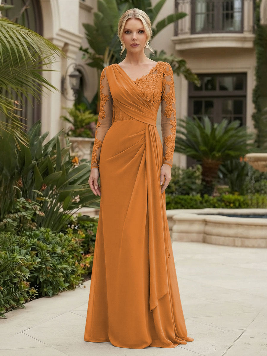 Chiffon Sheath/Column V-Neck Floor-Length Mother of the Bride & Groom Dresses with Lace Embroidery Bodice & Ruched Waist