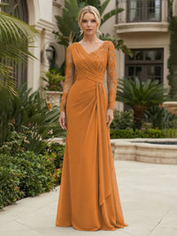 Chiffon Sheath/Column V-Neck Floor-Length Mother of the Bride & Groom Dresses with Lace Embroidery Bodice & Ruched Waist