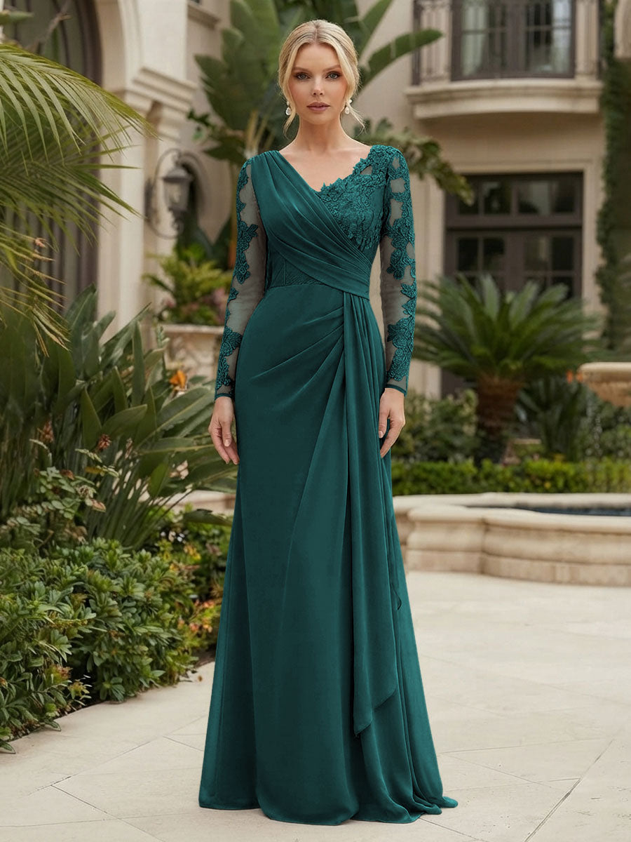 Chiffon Sheath/Column V-Neck Floor-Length Mother of the Bride & Groom Dresses with Lace Embroidery Bodice & Ruched Waist