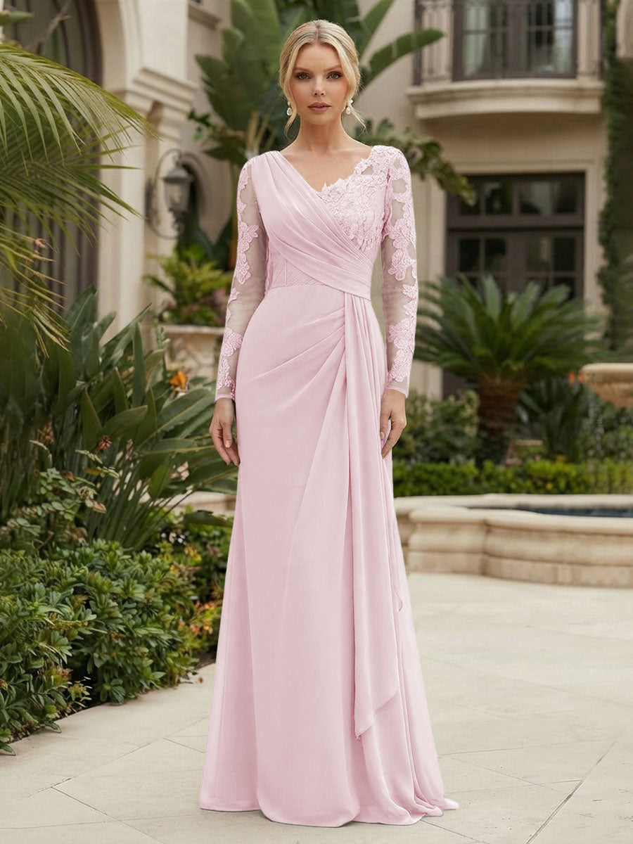 Chiffon Sheath/Column V-Neck Floor-Length Mother of the Bride & Groom Dresses with Lace Embroidery Bodice & Ruched Waist