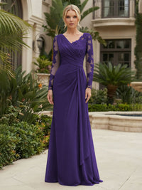 Chiffon Sheath/Column V-Neck Floor-Length Mother of the Bride & Groom Dresses with Lace Embroidery Bodice & Ruched Waist