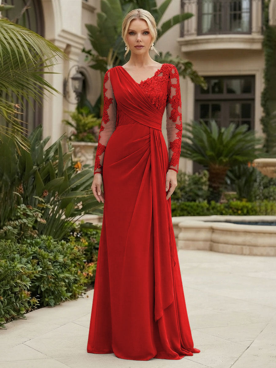 Chiffon Sheath/Column V-Neck Floor-Length Mother of the Bride & Groom Dresses with Lace Embroidery Bodice & Ruched Waist