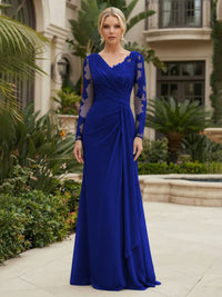 Chiffon Sheath/Column V-Neck Floor-Length Mother of the Bride & Groom Dresses with Lace Embroidery Bodice & Ruched Waist