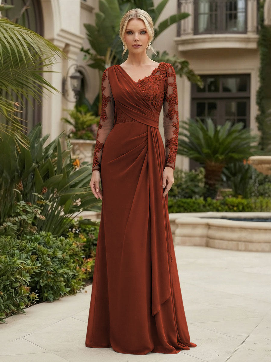 Chiffon Sheath/Column V-Neck Floor-Length Mother of the Bride & Groom Dresses with Lace Embroidery Bodice & Ruched Waist
