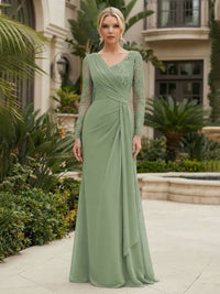 Chiffon Sheath/Column V-Neck Floor-Length Mother of the Bride & Groom Dresses with Lace Embroidery Bodice & Ruched Waist