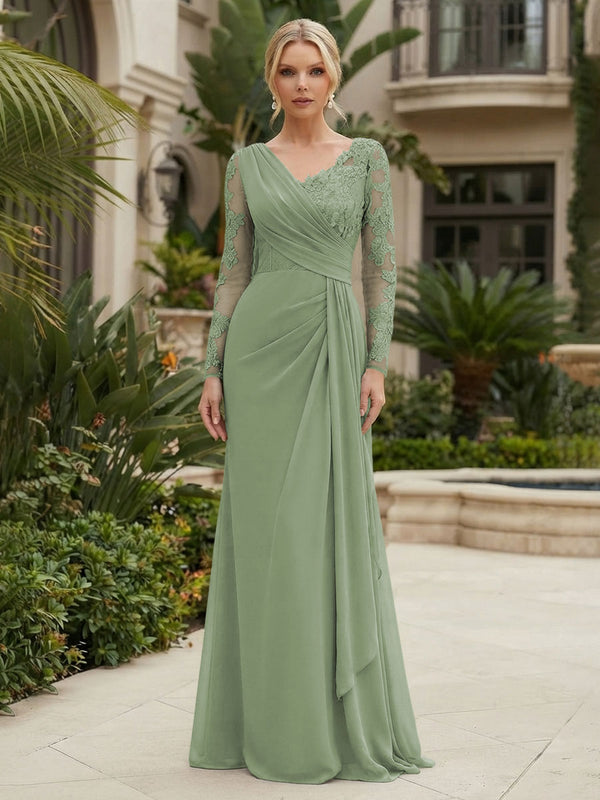 Chiffon Sheath/Column V-Neck Floor-Length Mother of the Bride & Groom Dresses with Lace Embroidery Bodice & Ruched Waist