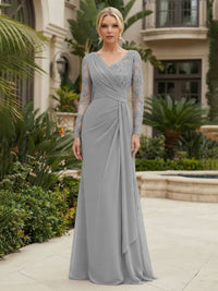 Chiffon Sheath/Column V-Neck Floor-Length Mother of the Bride & Groom Dresses with Lace Embroidery Bodice & Ruched Waist