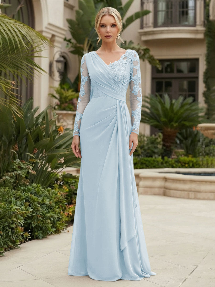 Chiffon Sheath/Column V-Neck Floor-Length Mother of the Bride & Groom Dresses with Lace Embroidery Bodice & Ruched Waist