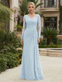 Chiffon Sheath/Column V-Neck Floor-Length Mother of the Bride & Groom Dresses with Lace Embroidery Bodice & Ruched Waist