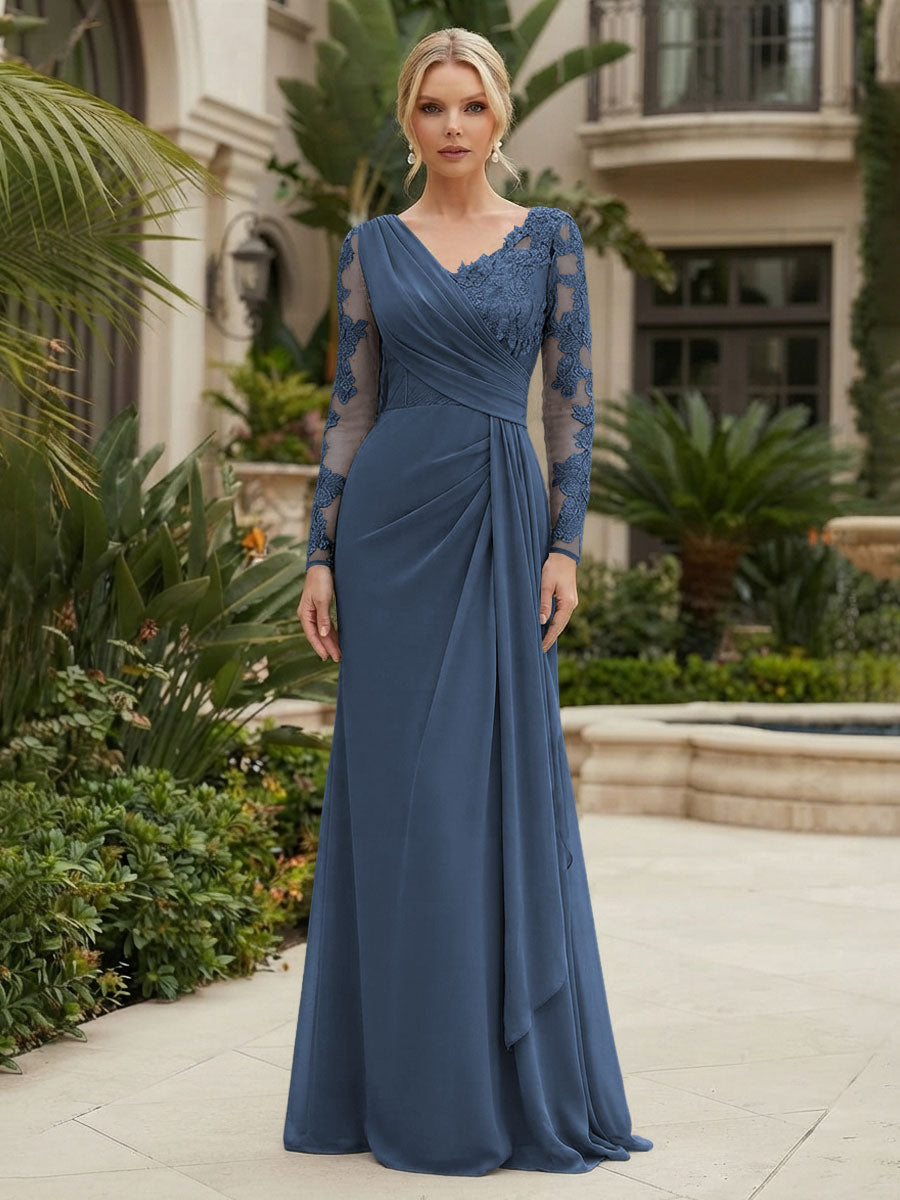 Chiffon Sheath/Column V-Neck Floor-Length Mother of the Bride & Groom Dresses with Lace Embroidery Bodice & Ruched Waist