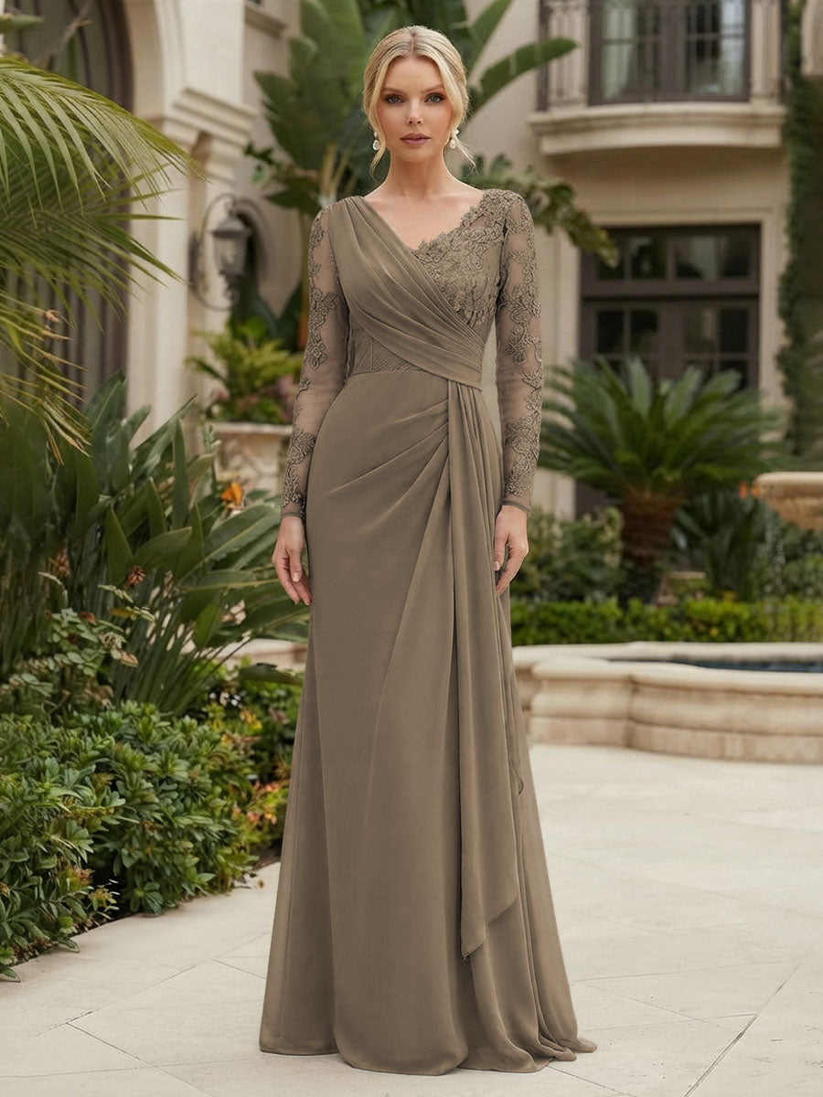 Chiffon Sheath/Column V-Neck Floor-Length Mother of the Bride & Groom Dresses with Lace Embroidery Bodice & Ruched Waist