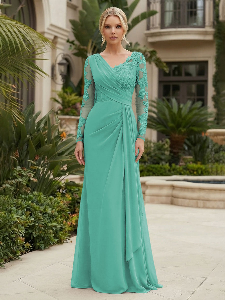 Chiffon Sheath/Column V-Neck Floor-Length Mother of the Bride & Groom Dresses with Lace Embroidery Bodice & Ruched Waist