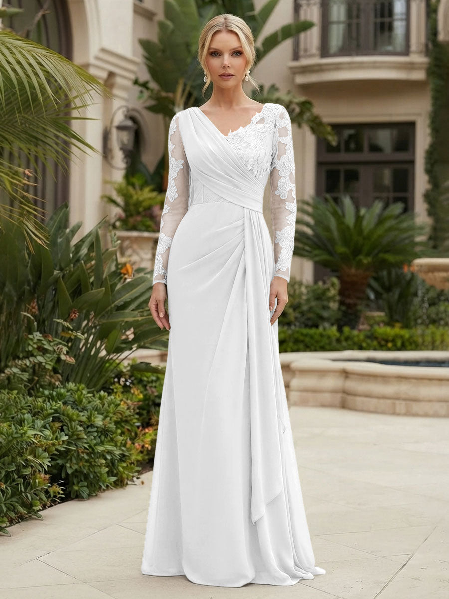 Chiffon Sheath/Column V-Neck Floor-Length Mother of the Bride & Groom Dresses with Lace Embroidery Bodice & Ruched Waist