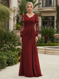 Chiffon Sheath/Column V-Neck Floor-Length Mother of the Bride & Groom Dresses with Lace Embroidery Bodice & Ruched Waist