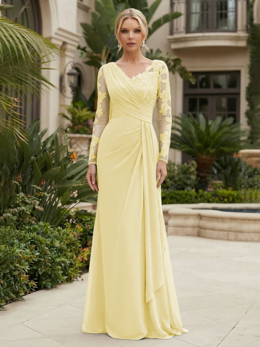 Chiffon Sheath/Column V-Neck Floor-Length Mother of the Bride & Groom Dresses with Lace Embroidery Bodice & Ruched Waist