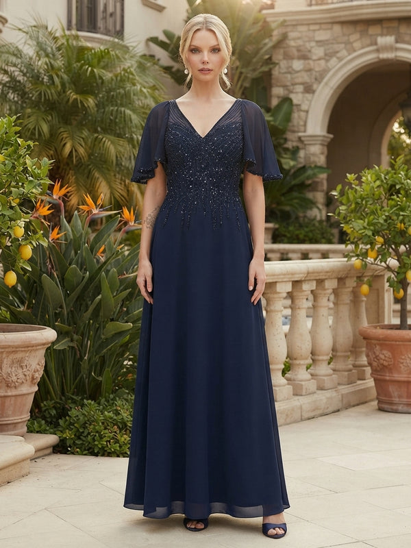 Chiffon A-Line/Princess V-Neck Floor-Length Mother of the Bride & Groom Dresses with Lace Sequin & Pleats