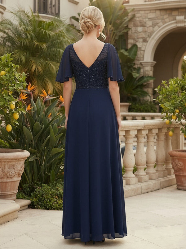 Chiffon A-Line/Princess V-Neck Floor-Length Mother of the Bride & Groom Dresses with Lace Sequin & Pleats