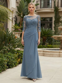 Chiffon Sheath/Column Scoop Neck Floor-Length Mother of the Bride & Groom Dresses with Lace Embroidery Bodice & Ruched Waist
