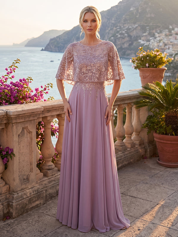 Chiffon A-Line/Princess Scoop Neck Floor-Length Mother of the Bride & Groom Dresses with Lace Sequin & Pleats