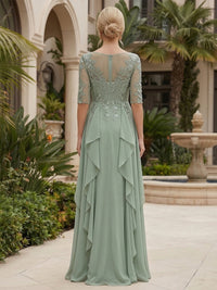 Chiffon A-Line/Princess Scoop Neck Floor-Length Mother of the Bride & Groom Dresses with Lace Embroidery Bodice & Ruched Waist
