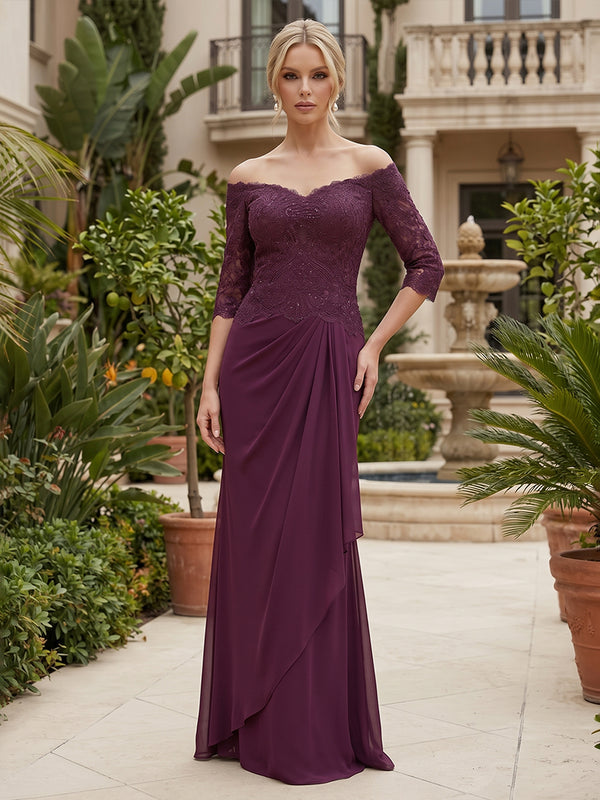 Chiffon Sheath/Column Off Shoulder Floor-Length Mother of the Bride & Groom Dresses with Lace Bodice & Ruffles