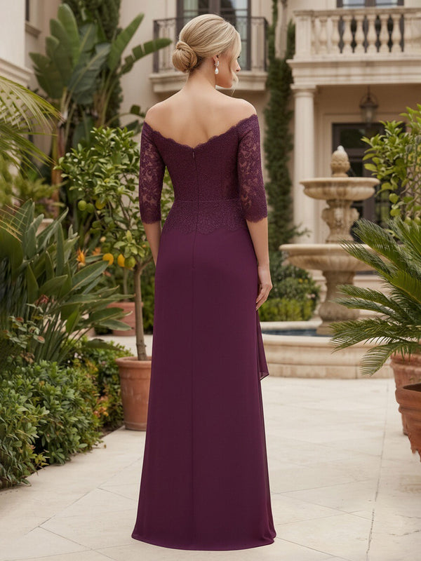 Chiffon Sheath/Column Off Shoulder Floor-Length Mother of the Bride & Groom Dresses with Lace Bodice & Ruffles