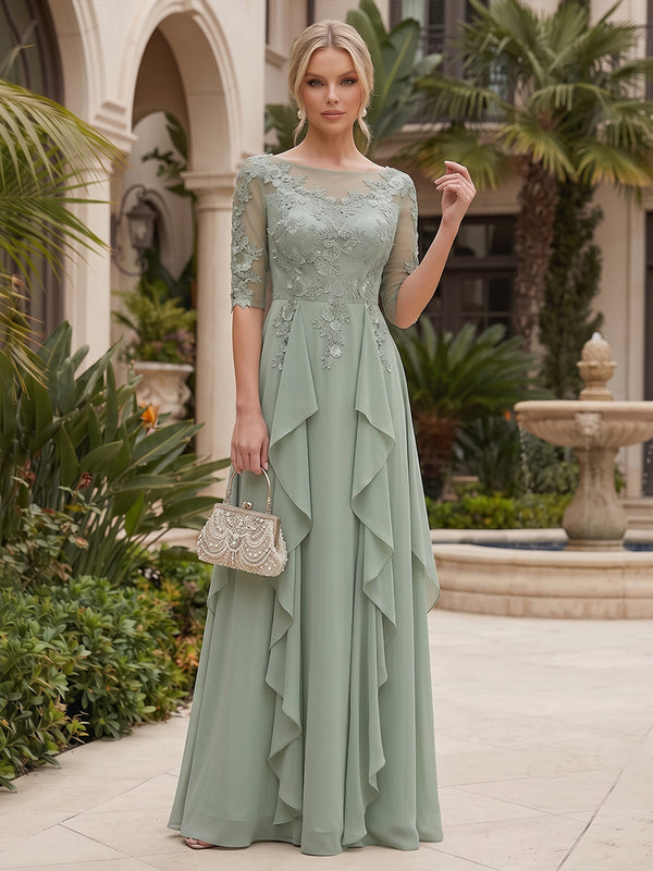 Chiffon A-Line/Princess Scoop Neck Floor-Length Mother of the Bride & Groom Dresses with Lace Bodice & Ruffles