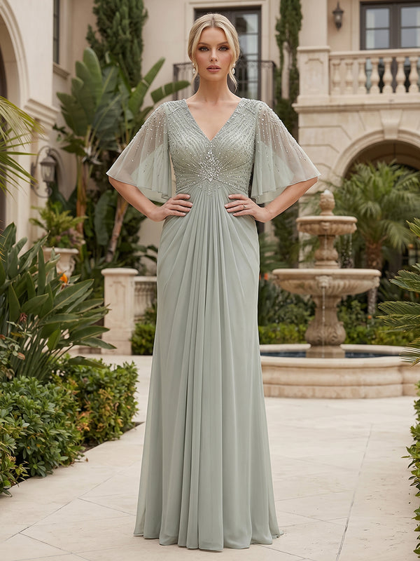 Chiffon A-Line/Princess V-Neck Floor-Length Mother of the Bride & Groom Dresses with Sequin Bodice & Pleats