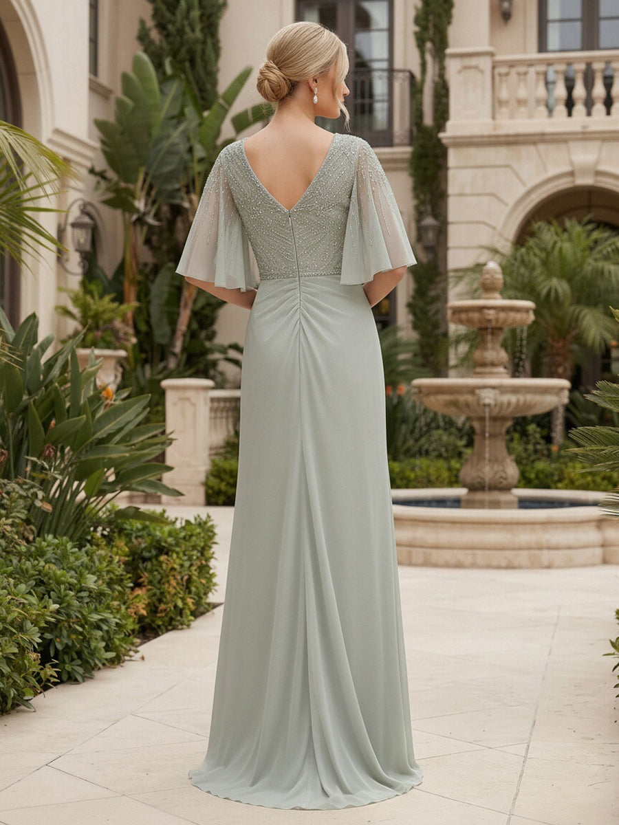 Chiffon A-Line/Princess V-Neck Floor-Length Mother of the Bride & Groom Dresses with Sequin Bodice & Pleats