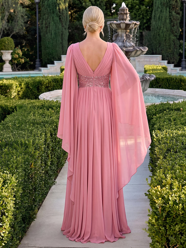 Chiffon A-Line/Princess V-Neck Floor-Length Mother of the Bride & Groom Dresses with Rhinestones & Pleats