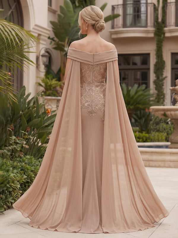 Chiffon Sheath/Column Off Shoulder Floor-Length Mother of the Bride & Groom Dresses with Lace Embroidery Bodice