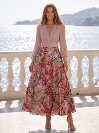 Sequin Floral A-Line/Princess V-Neck Tea-Length Mother of the Bride & Groom Dresses with Ruched Chiffon Bodice